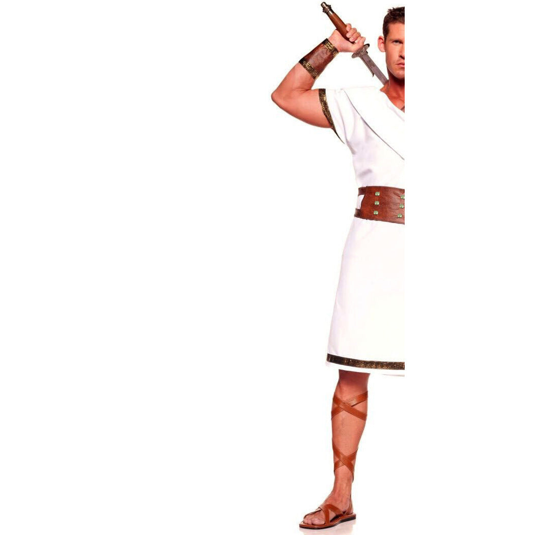 Person wearing a Roman gladiator costume with a sword on a white background