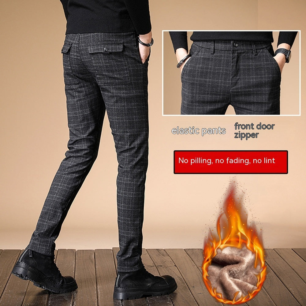 Korean Winter Plaid Brushed Slim Fit Casual Pants