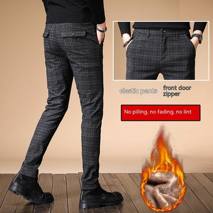 Korean Winter Plaid Brushed Slim Fit Casual Pants
