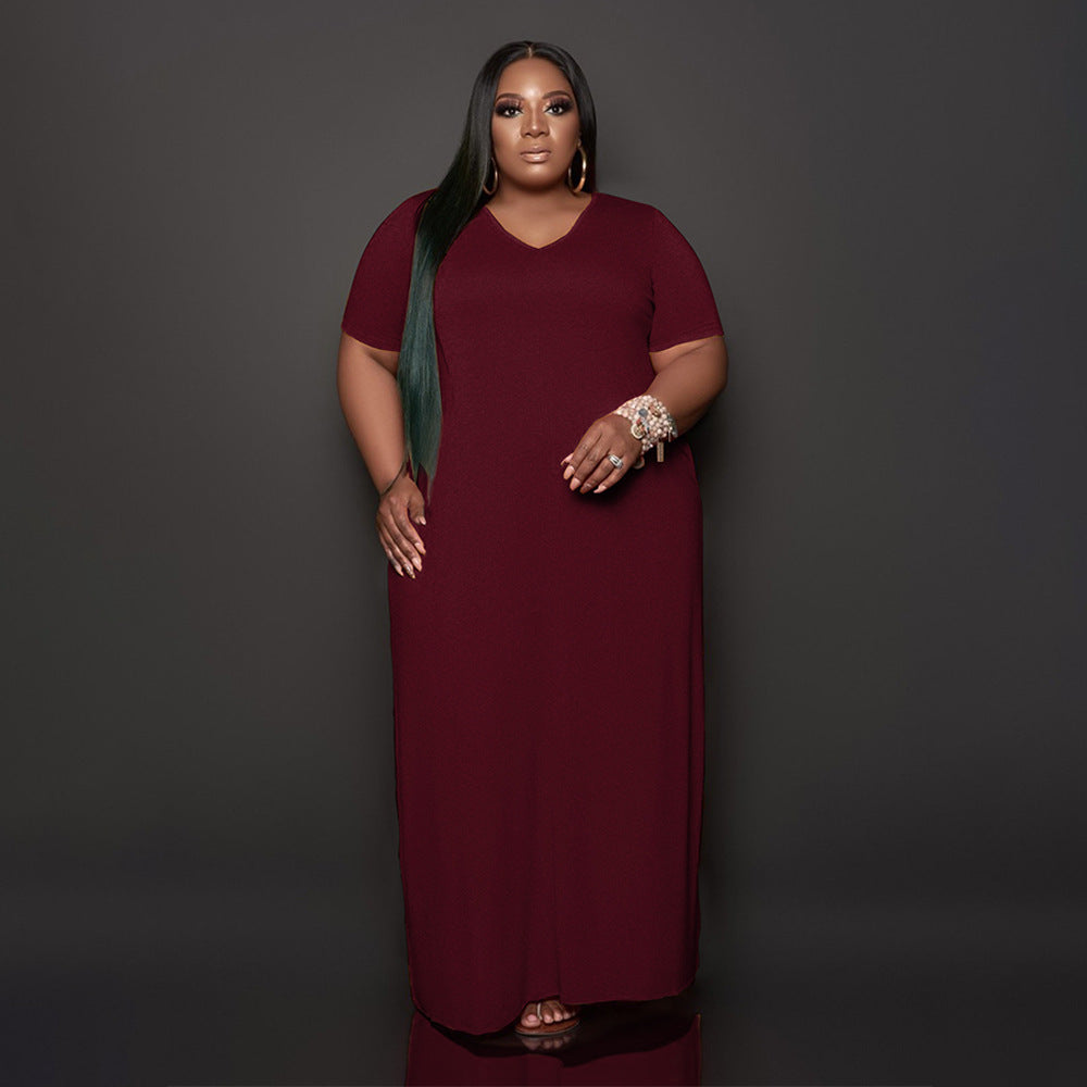Comfortable Everyday Loose Dress - Solid Color, Large Size