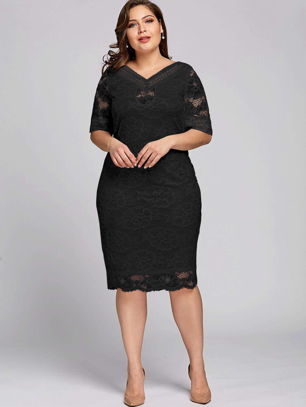 Luxury Lace V-Neck Dress - Large Size, Evening Elegance