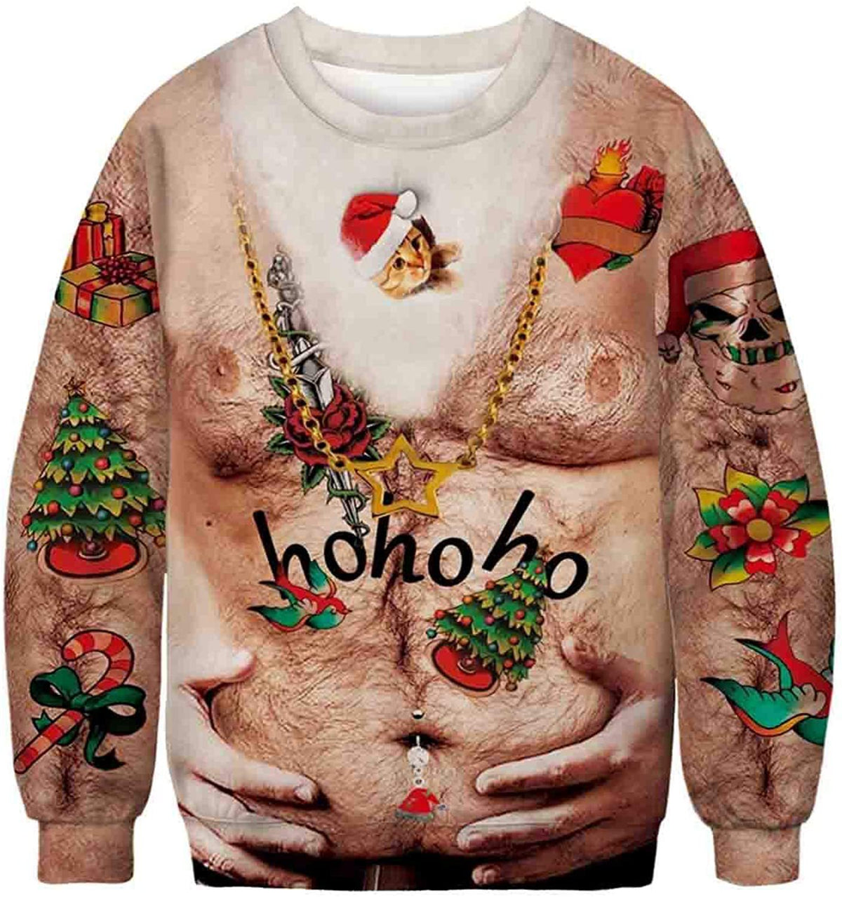 Sweatshirt with a graphic design of a tattooed chest with 'ho ho ho' text, surrounded by Christmas-themed tattoos and decorations.