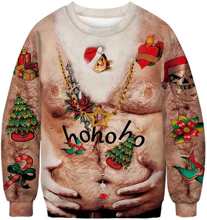 Sweatshirt with a graphic design of a tattooed chest with 'ho ho ho' text, surrounded by Christmas-themed tattoos and decorations.
