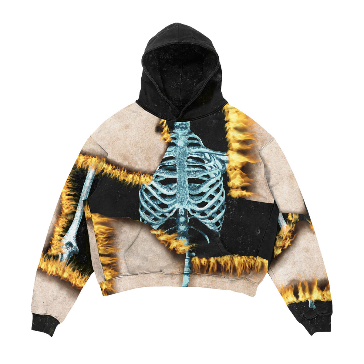 Hoodie with skeleton design and tie-dye sleeves on a white background