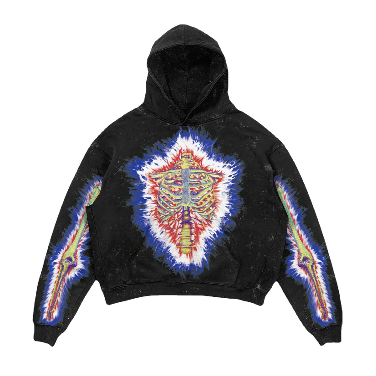 Black hoodie with a colorful tie-dye skeleton design on a white background