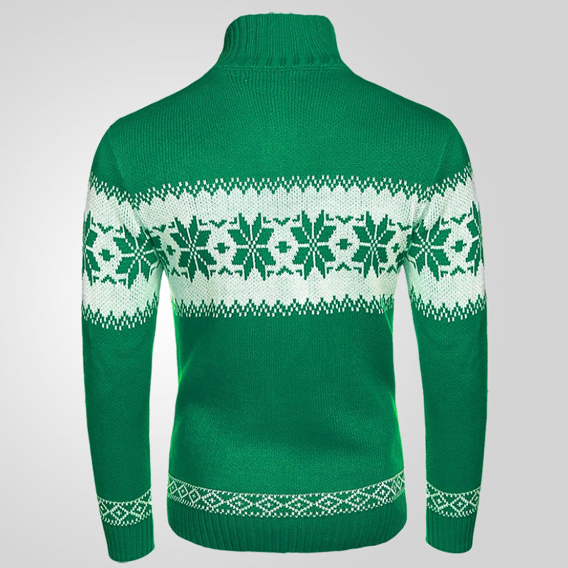 Green sweater with white and green pattern on a gray background