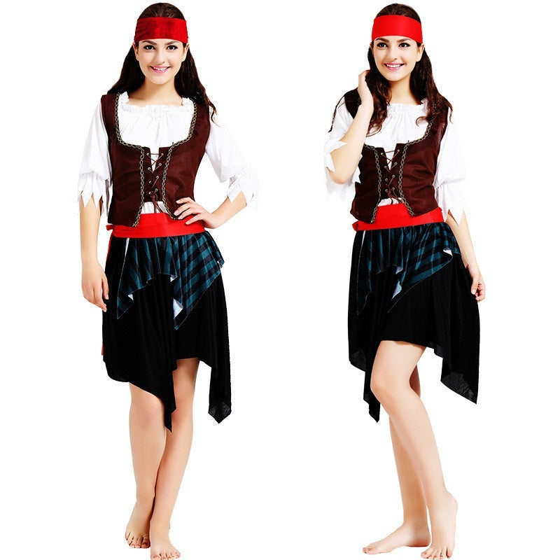 Two images of a person wearing a pirate costume with a white background
