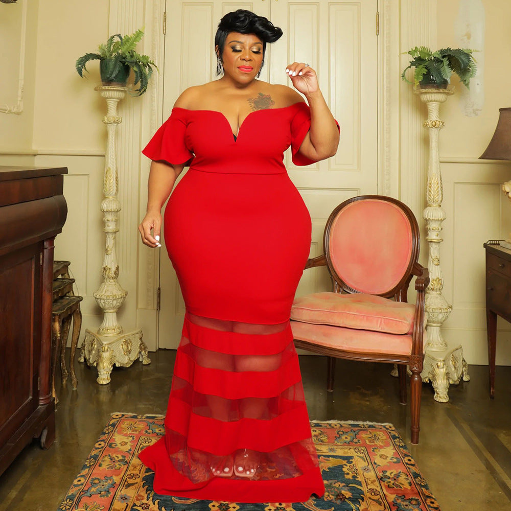 Sheer Charm V-Neck Evening Dress - Plus Size Fashion