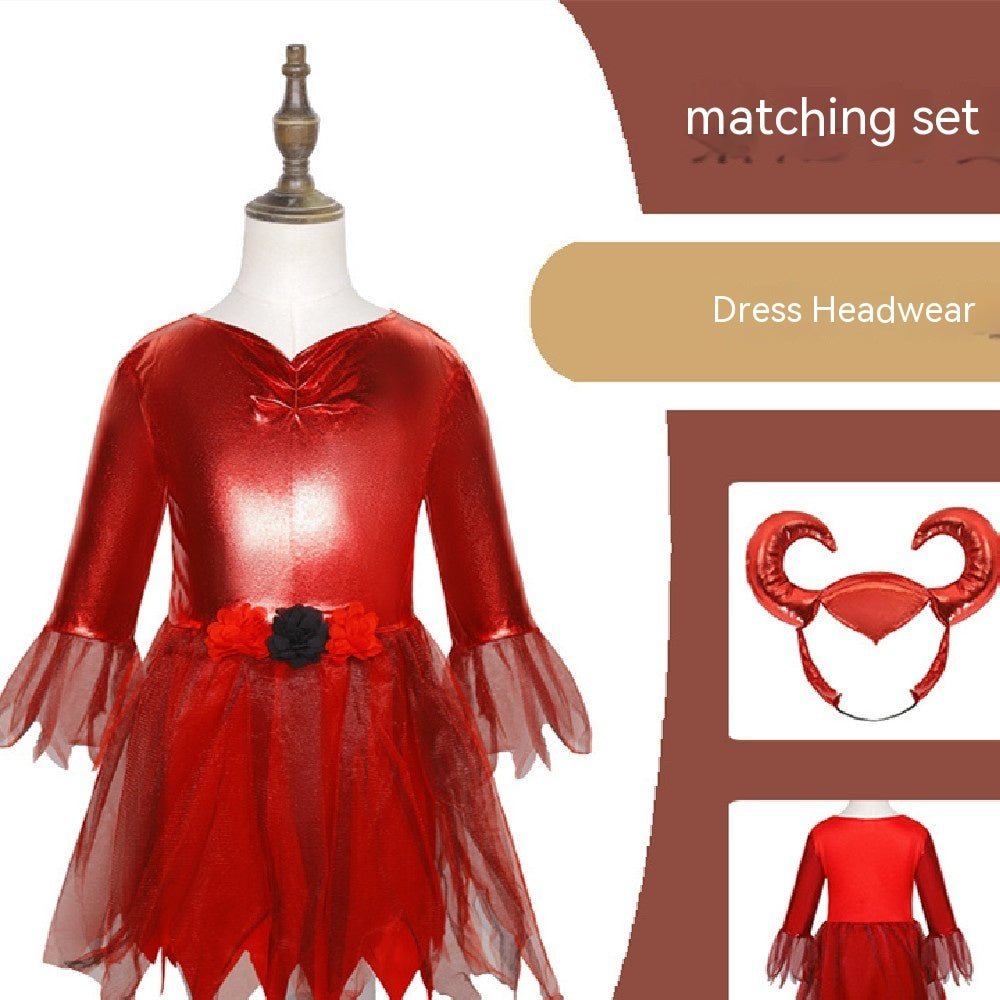Red dress with matching headpiece on a mannequin against a white background