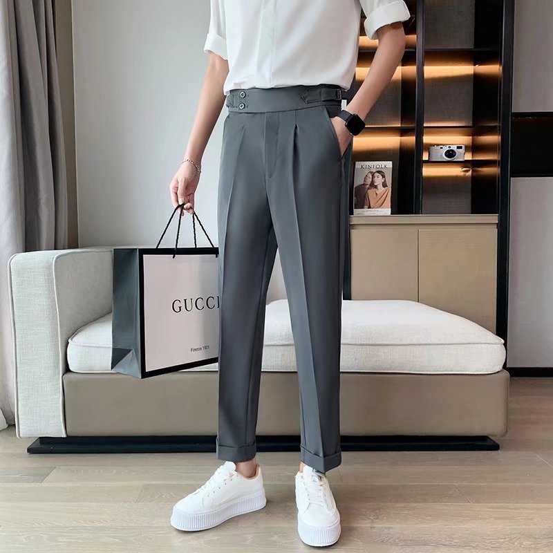 Draped Slim Fit Cropped Suit Pants for Men