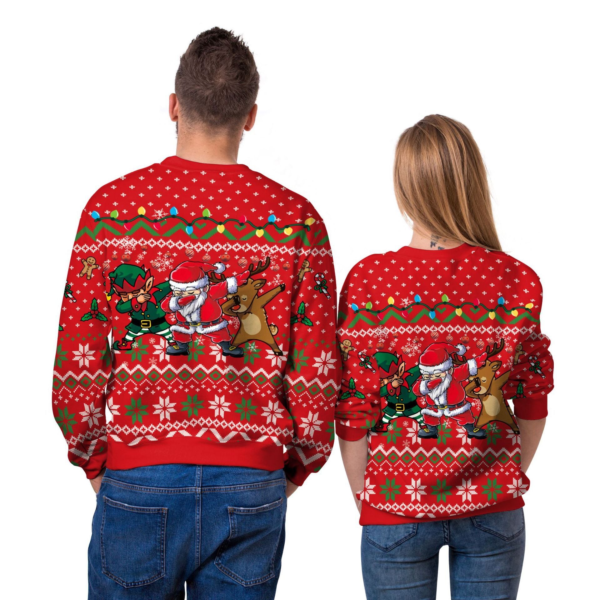 Two people wearing red Christmas sweaters with festive designs on a white background