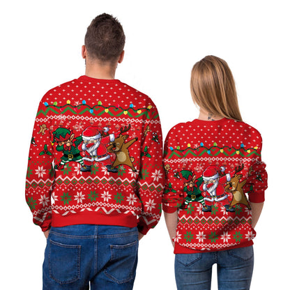 Two people wearing red Christmas sweaters with festive designs on a white background