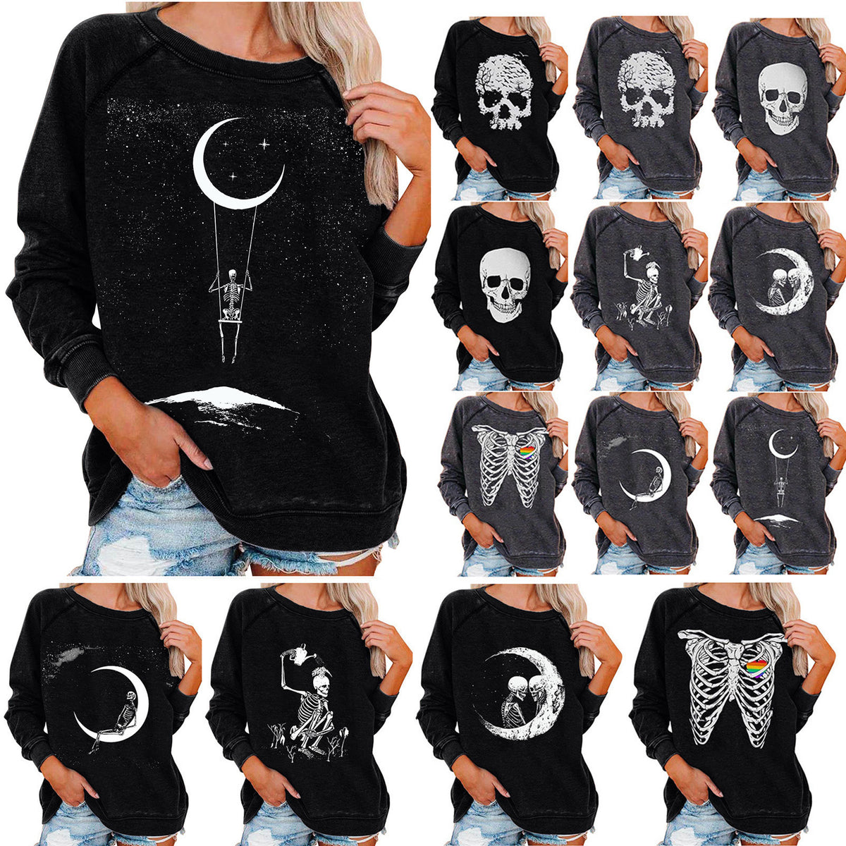 Black sweatshirt with skeleton and moon design worn by a person, displayed in multiple poses.