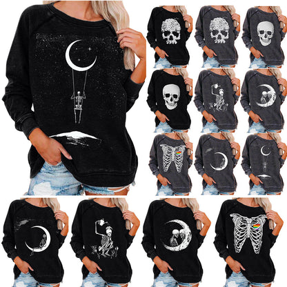 Black sweatshirt with skeleton and moon design worn by a person, displayed in multiple poses.