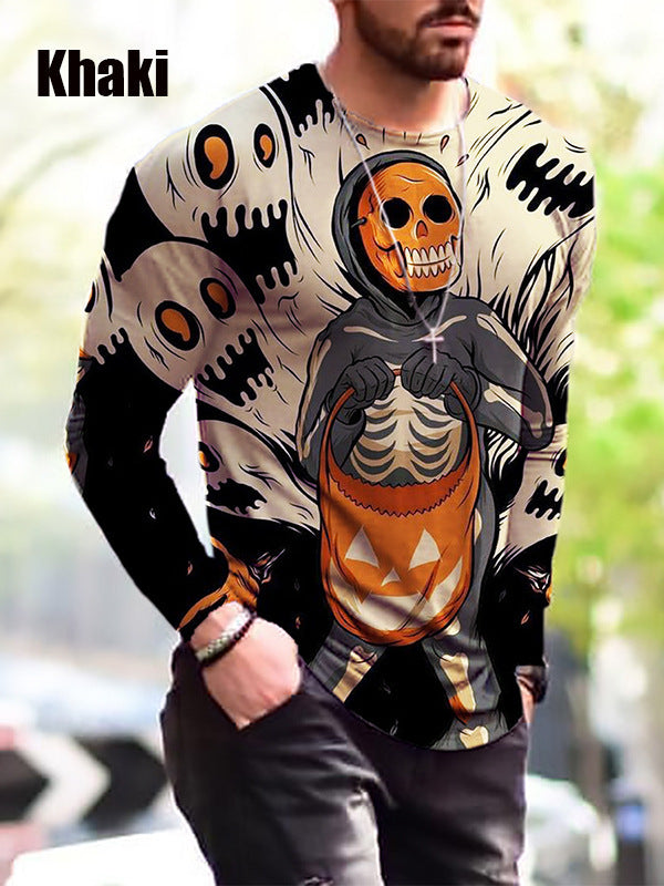 Person wearing a Halloween-themed sweatshirt with a skeleton design.