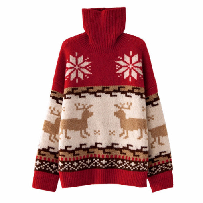 Red sweater with reindeer and snowflake pattern on a white background