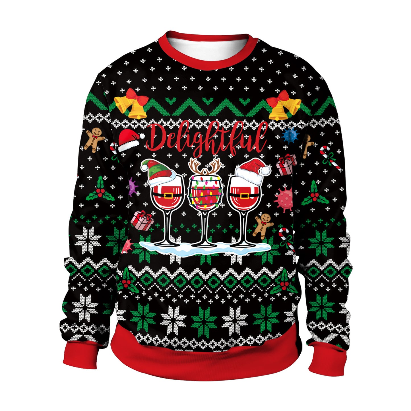 Christmas-themed sweater with wine glasses and festive designs on a white background