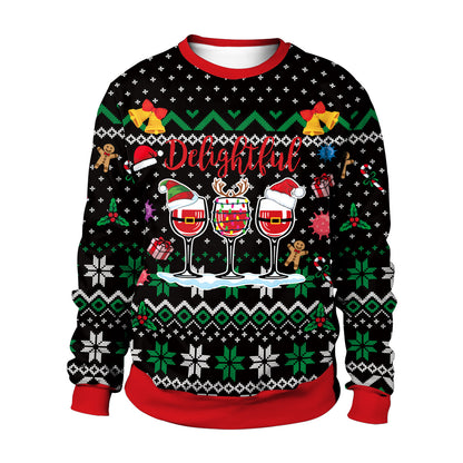 Christmas-themed sweater with wine glasses and festive designs on a white background