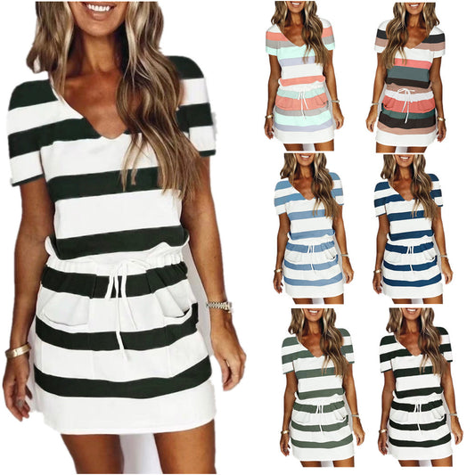 Summer Chic: V-neck Striped Print Short Dress with Drawstring Detail