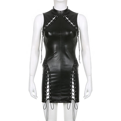 Sleek Charm Stand Collar PU Sheath Dress