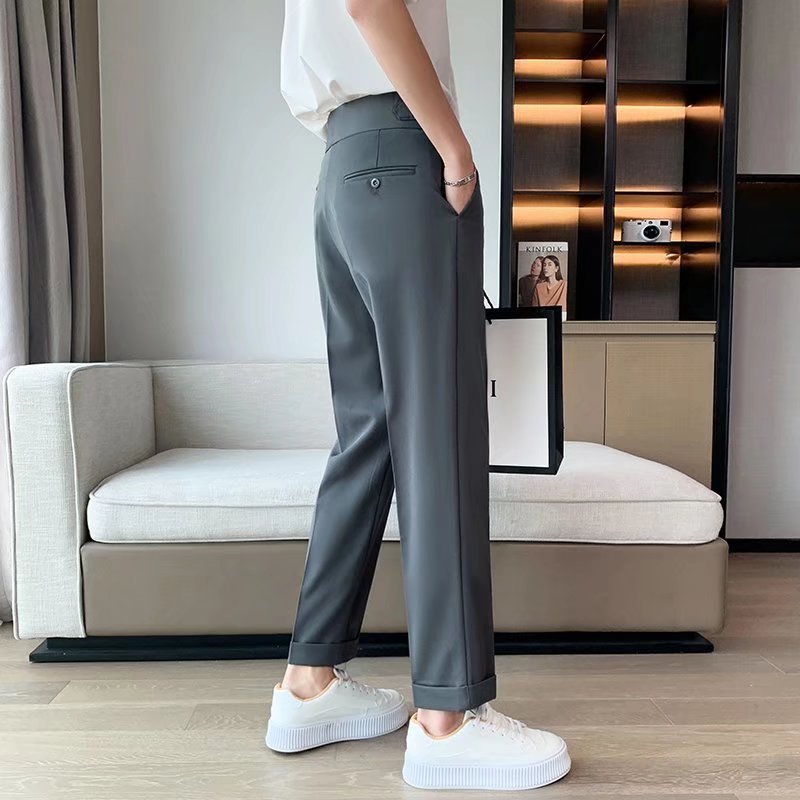 Draped Slim Fit Cropped Suit Pants for Men