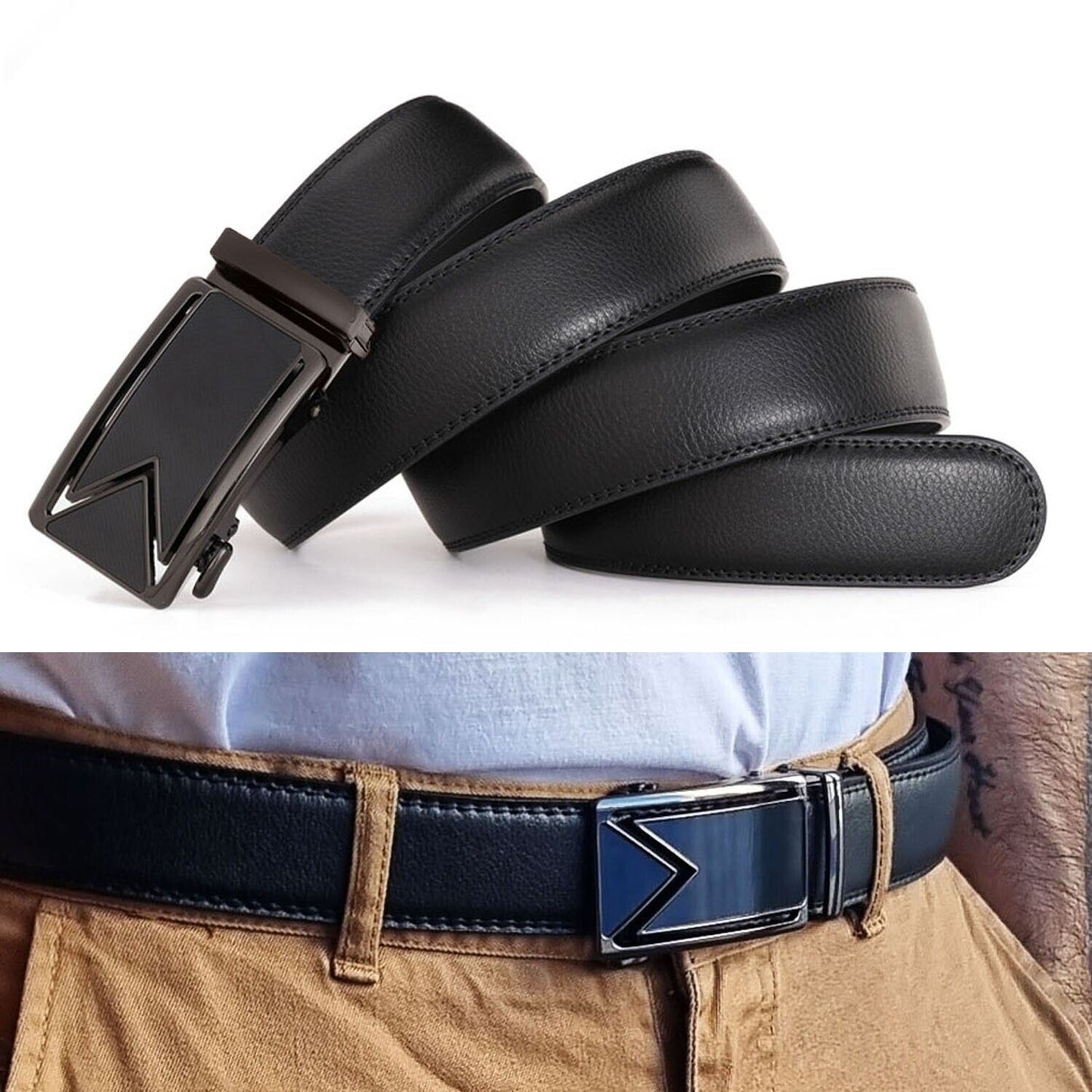 Adjustable Leather Ratchet Belt with Automatic Buckle