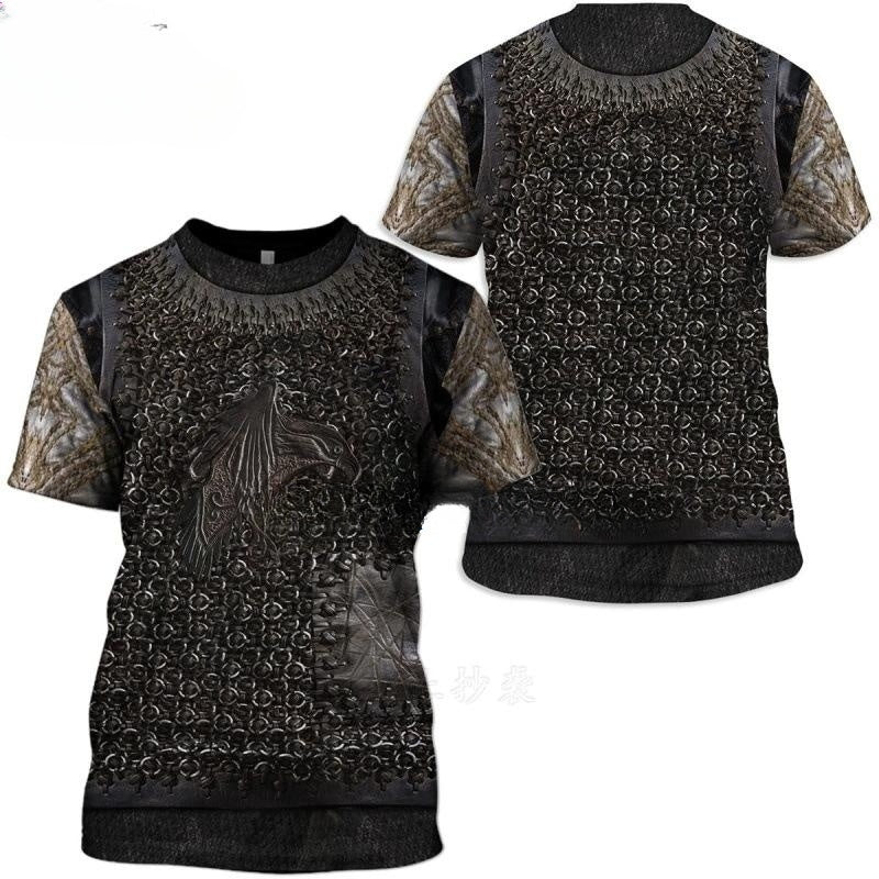 Black t-shirt with intricate patterns on a white background