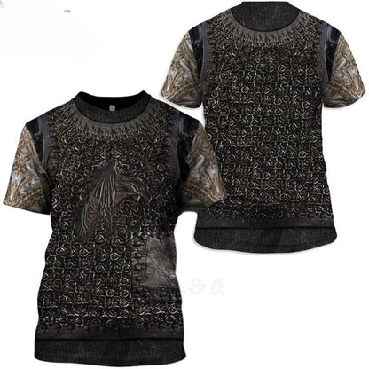 Black t-shirt with intricate patterns on a white background