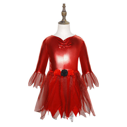 Red dress with floral details on a mannequin against a white background