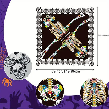 Colorful skeleton design with decorative elements on a purple background