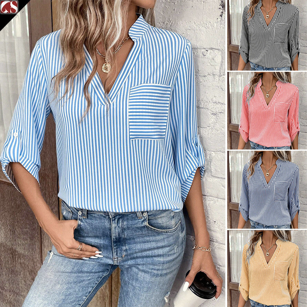 Classic V-Neck Striped Print Long Sleeve Top