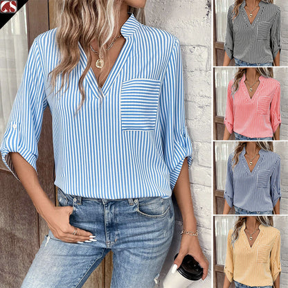 Classic V-Neck Striped Print Long Sleeve Top