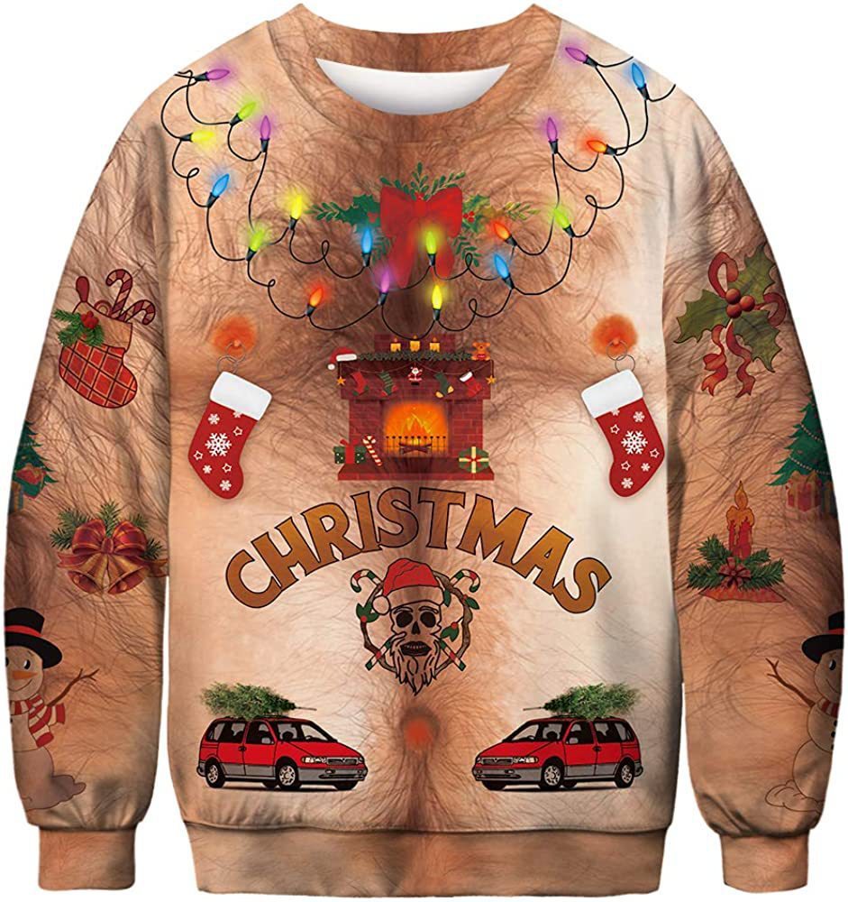 Sweatshirt with Christmas-themed design featuring lights, stockings, and a fireplace.