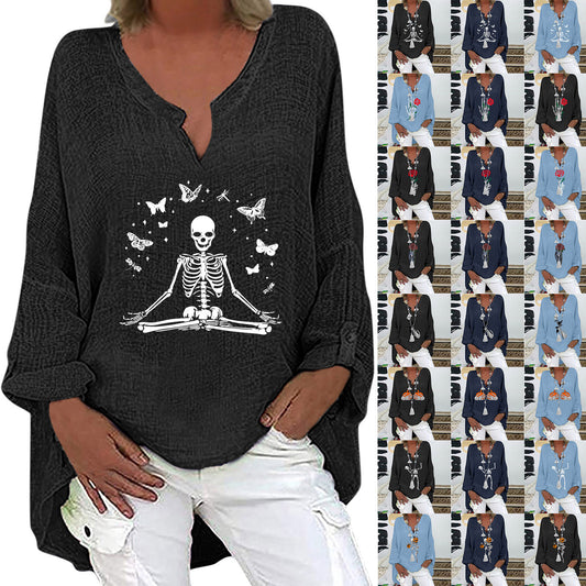 Black oversized shirt with skeleton design worn by a person, with multiple images of the same person in different outfits on the right.