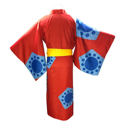 Red robe with blue patterns on a white background
