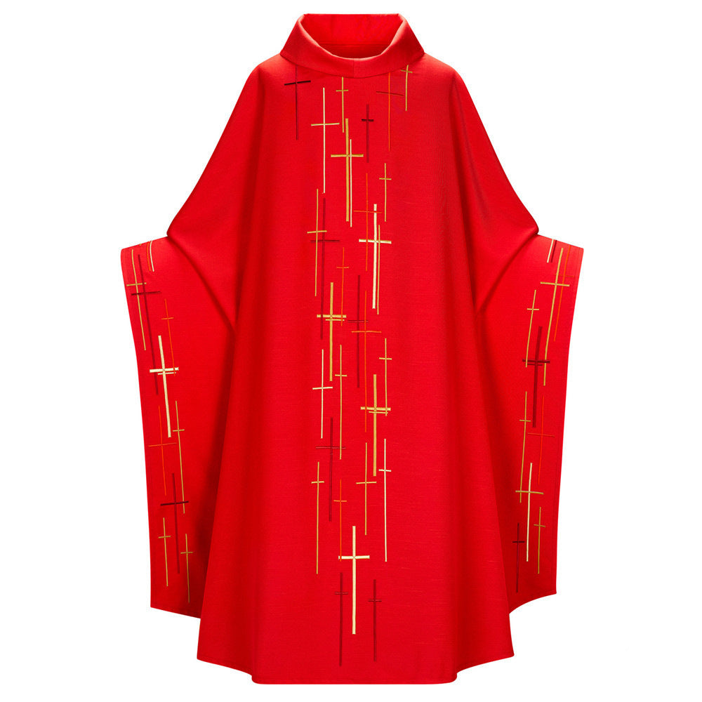 Red liturgical vestment with cross patterns on a white background