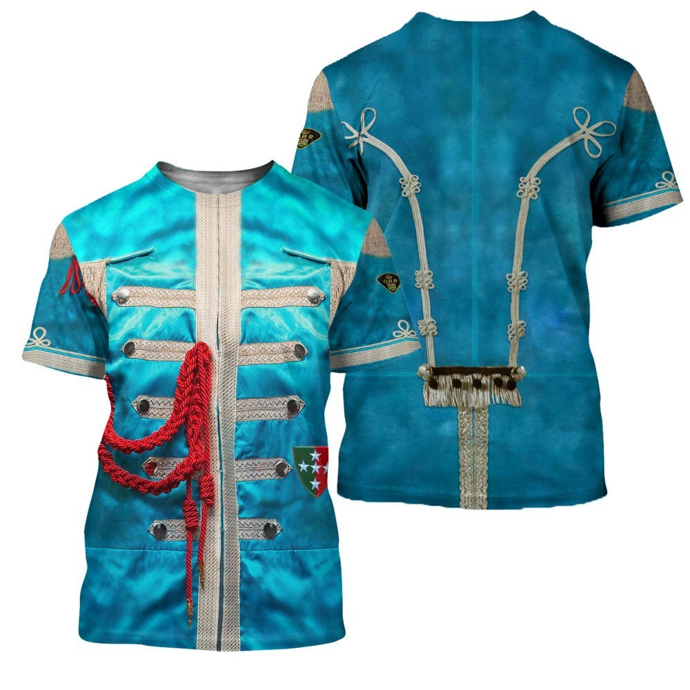 Blue shirt with intricate designs on a white background
