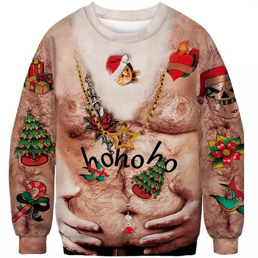 Sweater with a graphic design of a chest with tattoos and Christmas-themed decorations.