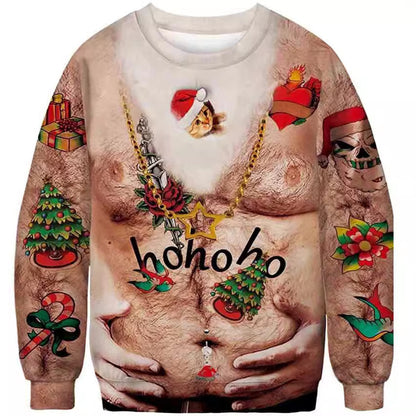 Sweater with a graphic design of a chest with tattoos and Christmas-themed decorations.