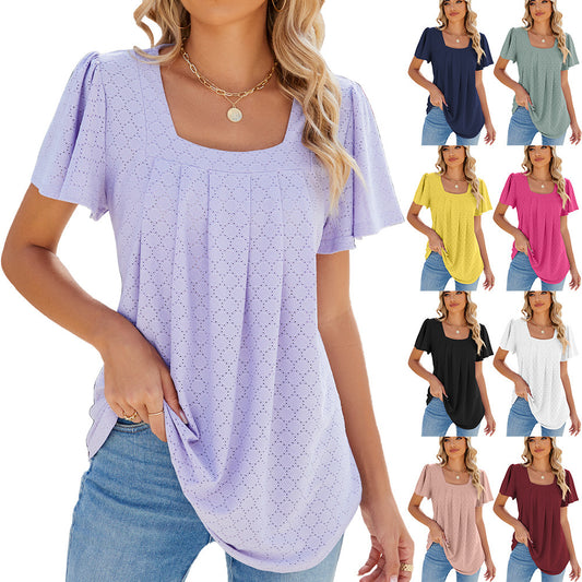 Summer Square Neck Pleated Short-Sleeved T-shirt: Women's Loose Solid Color Ruffled Hollow Design Top