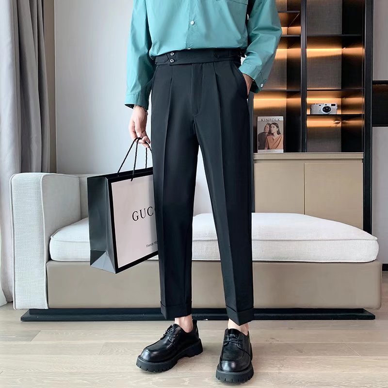 Draped Slim Fit Cropped Suit Pants for Men