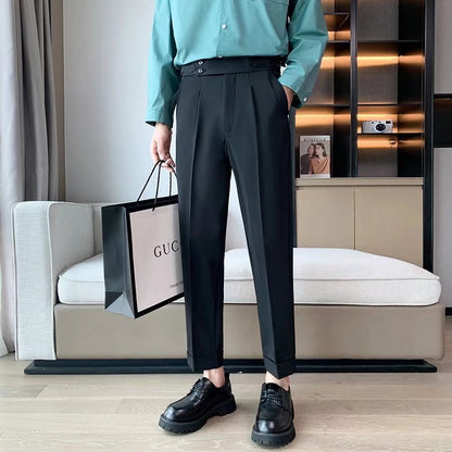 Draped Slim Fit Cropped Suit Pants for Men