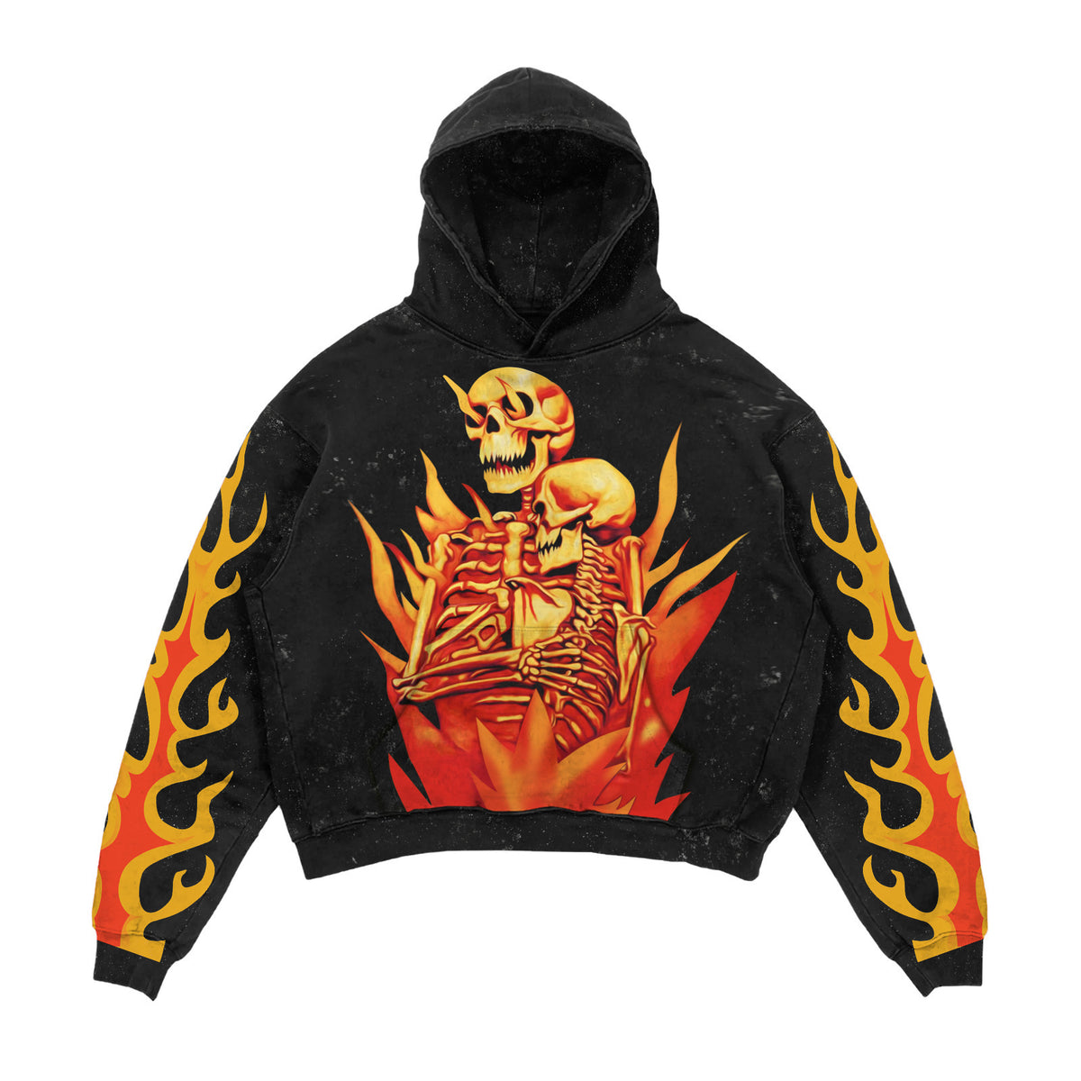 Black hoodie with a skeleton and flames design on a white background