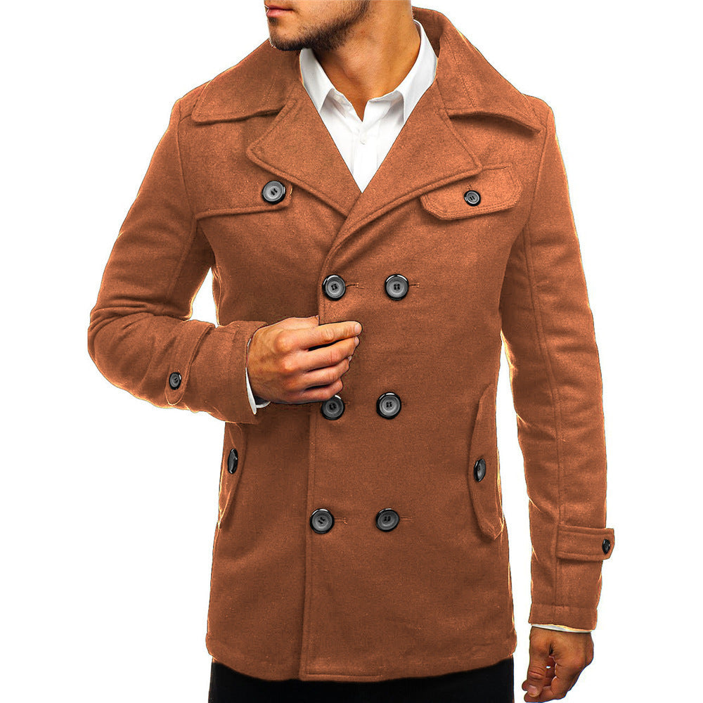Classic Double-Breasted Woolen Slim Coat for Men
