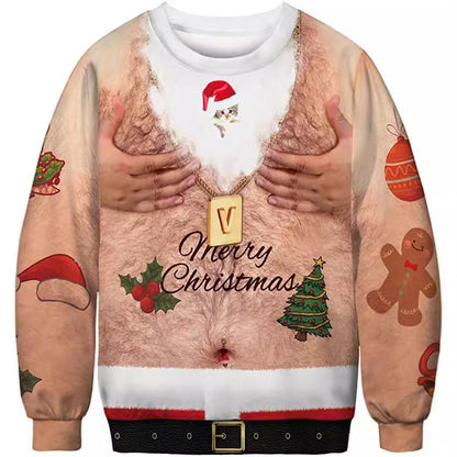 Sweater with Christmas-themed design featuring a chest and arms, with festive elements.
