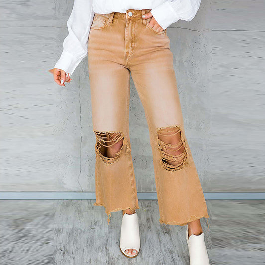 Urban Edge: Women's High Waist Ripped Jeans with Washed Finish