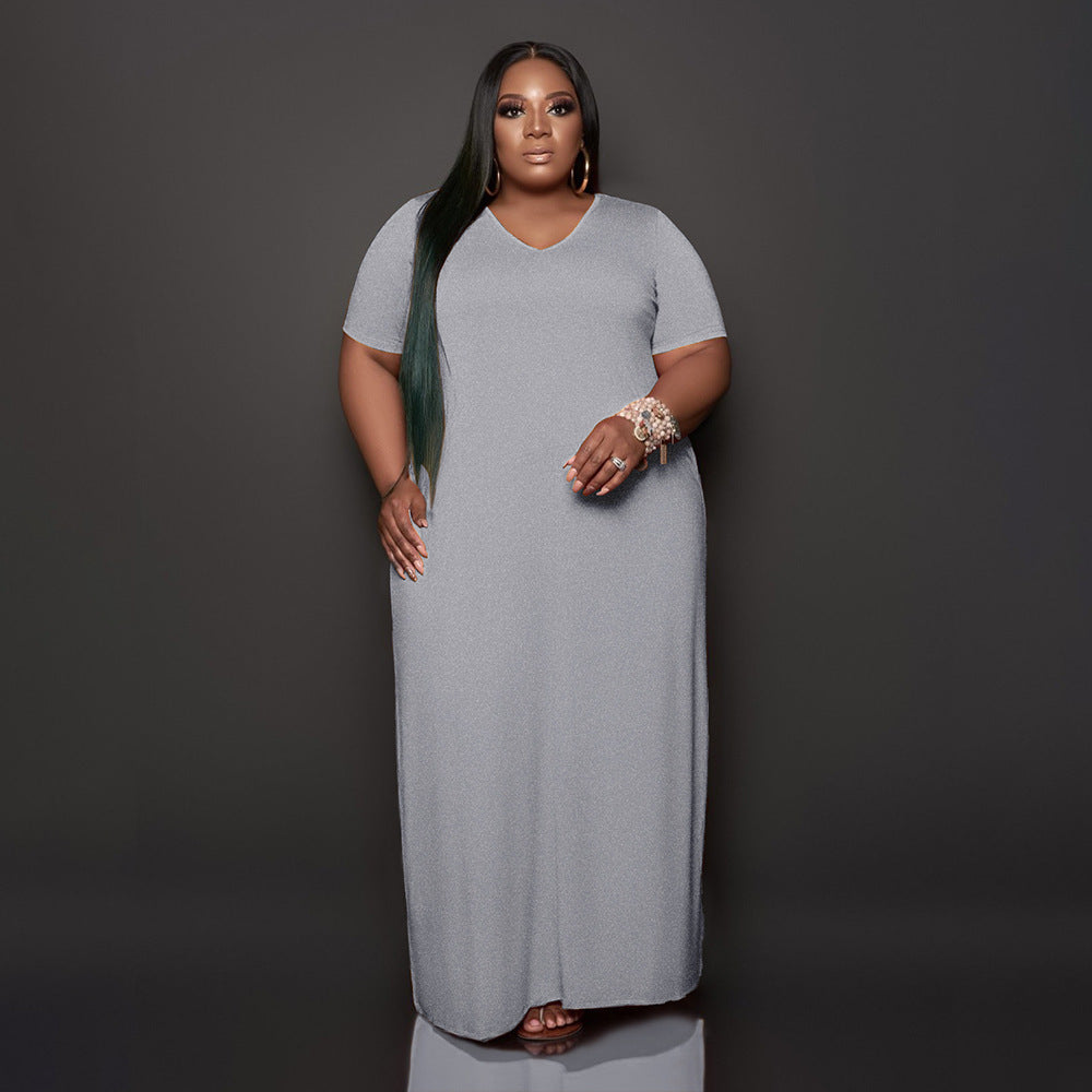 Comfortable Everyday Loose Dress - Solid Color, Large Size