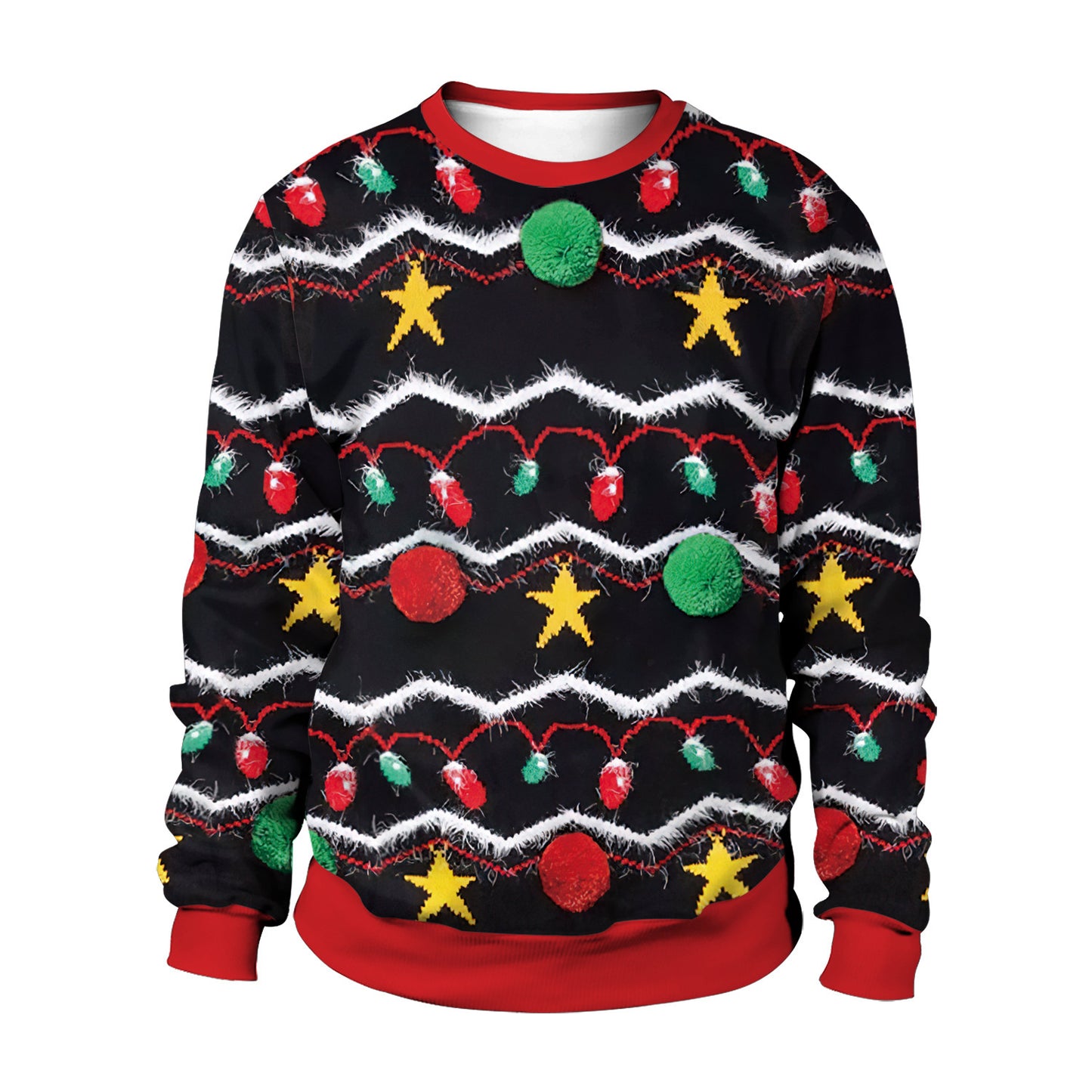 Ugly Christmas sweater with festive lights and ornaments on a white background