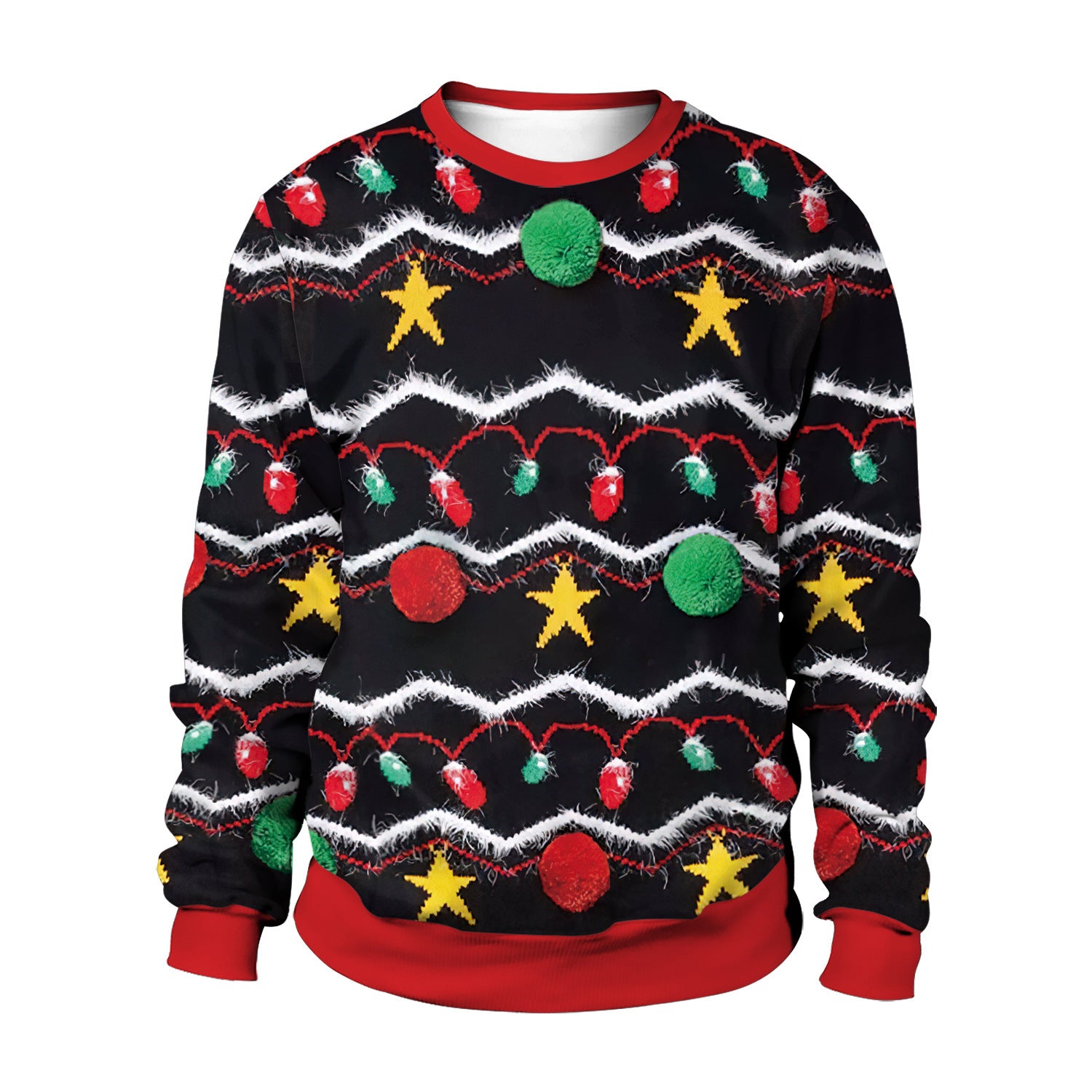 Ugly Christmas sweater with festive lights and ornaments on a white background