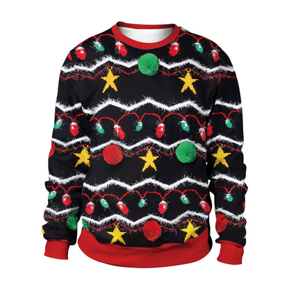 Ugly Christmas sweater with festive lights and ornaments on a white background